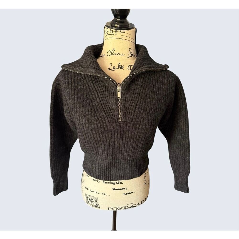 COS Ribbed 100% Wool Half Zip Cropped Sweater Charcoal Grey XS Chunky Knit